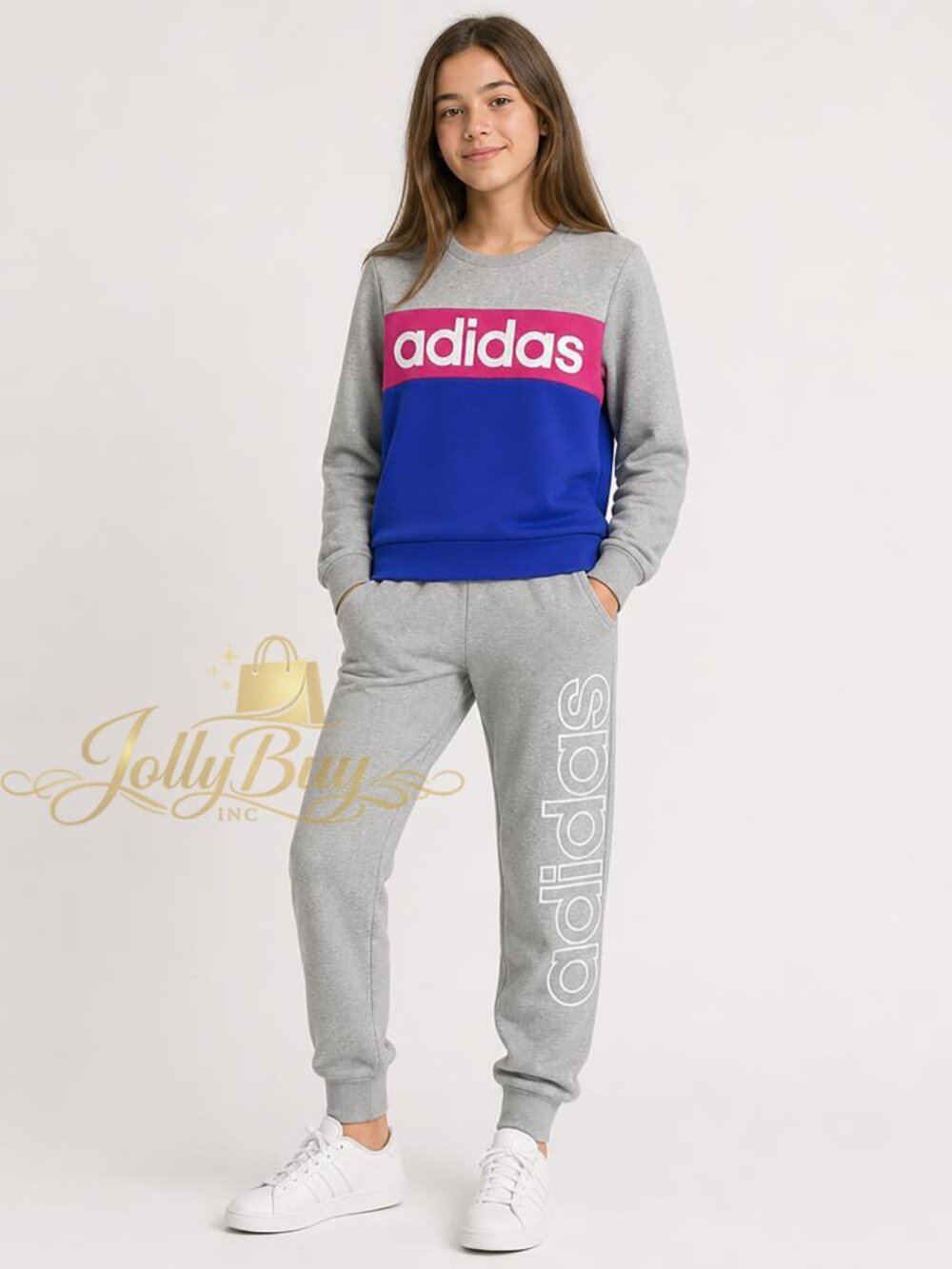 adidas Girls’ 2-Pc Set Fleece Sweatshirt Pullover Logo Sweatpants Heather Size14